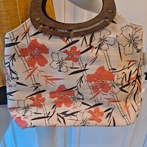Sun & Sand Elegant Woven Straw Floral Canvas Tote with Wooden Handle
